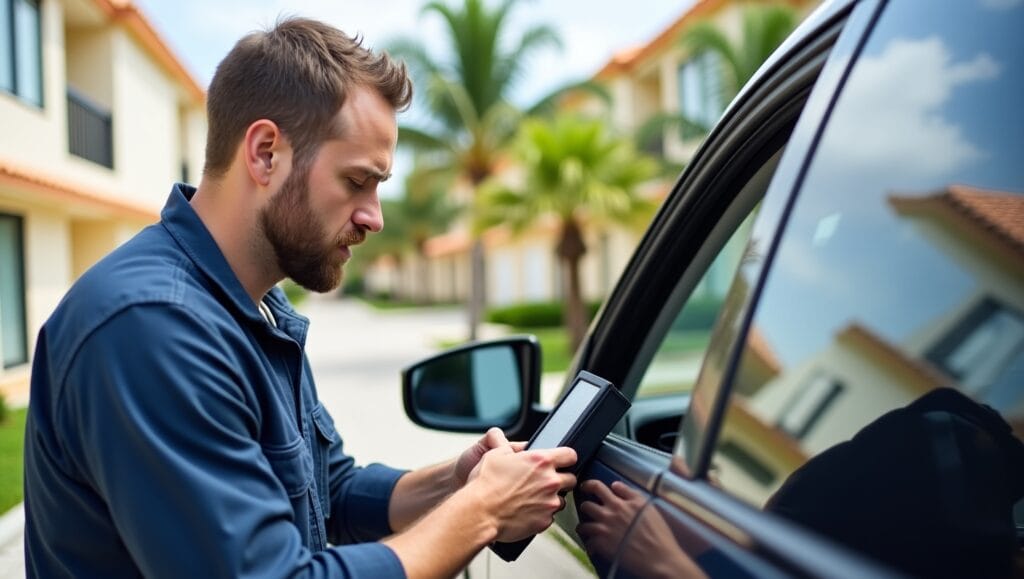The mechanic is using modern diagnostic tools, wearing a professional uniform, and the scene conveys a clean, trustworthy, and convenient mobile service vibe.