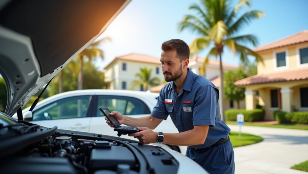 A certified mobile mechanic working on a car in a sunny Miami residential neighborhood. The background features palm trees and pastel-colored buildings typical of Miami architecture.