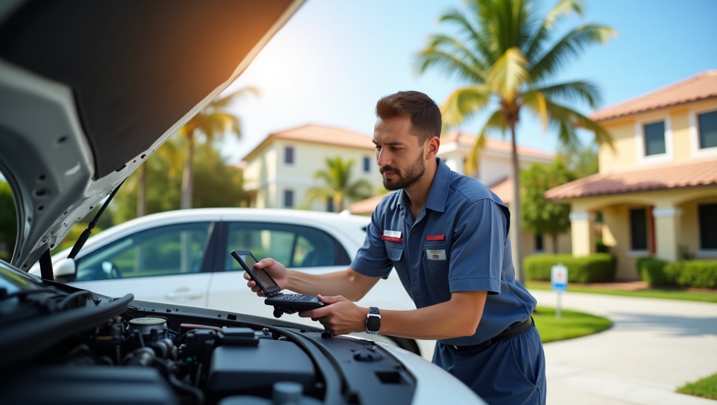 A certified mobile mechanic working on a car in a sunny Miami residential neighborhood. The background features palm trees and pastel-colored buildings typical of Miami architecture.